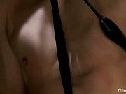 Black tranny with fishnets and red heels owns slut boy