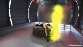 Hot busty shemale in red futuristic latex fucks slave