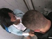 Brunette tgirl fucks guy in toilet