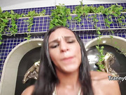 Black guy banging tgirl by the pool