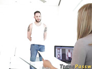 Blonde shemale Naomi Chi gets gangbanged roughly on a sofa