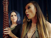 Blonde slut triple penetrated by horny shemales