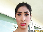 Pretty shemale Taiira Navarrete fucks her tight ass with a glass dildo