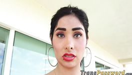 Pretty shemale Taiira Navarrete fucks her tight ass with a glass dildo