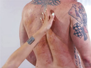 Venus Lux fucks this horny big guy bareback on the sofa