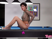 Daisy Taylor rubs her hard cock on the pool table