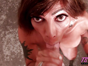 Mature shemale Erica Love sucks big cock till cumshot on her face