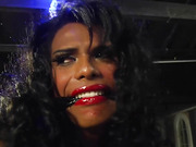 Busty tranny in bondage gets ass banged and facialed