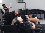 Gorgeous TS Daisy Taylor getting double fucked in the barber shop