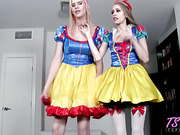 Slutty tgirls in sexy outfits share one big hard cock to suck