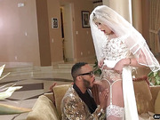 Blonde trans bride Aubrey Kate getting ass banged on the sofa