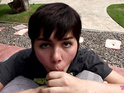 Trans beauty Daisy Taylor sucks fat dick in POV outdoors