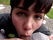 Trans beauty Daisy Taylor sucks fat dick in POV outdoors
