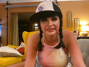 Trans babe Bailey Jay sucks her BF and strokes her hard cock