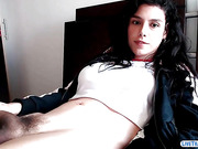 Young trans beauty stroking her monster hairy cock online