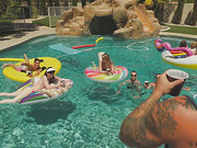 Four shemale pornstars in wild orgy in the pool
