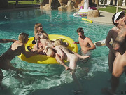 Four shemale pornstars in wild orgy in the pool