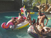 Four shemale pornstars in wild orgy in the pool