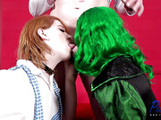 Erica Cherry and Lilly Demona share one cock at Halloween party