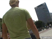 Busty tranny blondie rides Alex