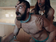 Mature shemale Sofia Sanders gives him a good hard dicking in the kitchen