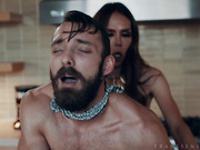 Mature shemale Sofia Sanders gives him a good hard dicking in the kitchen