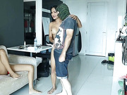 Two smoking tgirls give this fat guy a tag team fucking