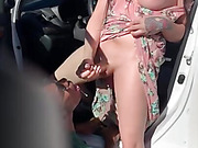 Trans hottie gets a blowjob in the car and facials her boyfriend