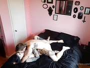 Heavily inked tgirl in fishnet pantyhose got her sexy ass pounded