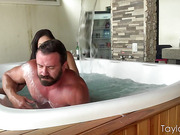 Busty tranny hottie fucks big hunk in the tub