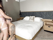 Busty shemale in sexy lingerie fucks her boytoy