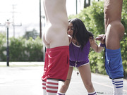 TS hottie Eva Maxim get double fucked on the basketball court