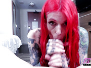 Heavily inked mature shemale Sadie Satanas gets fucked in POV