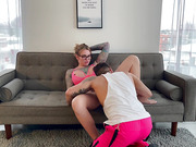 Beautiful shemale gets a blowjob and anal dicking on the couch