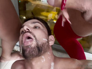 Two shemales fucks guy in turns and cum in his mouth