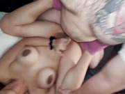 Big tits shemale babe ass fucked by fat guy until she cums