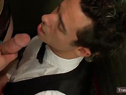 Chubby tranny fucks the bellhop in a hotel