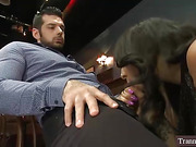 Black t-girl Honey Foxx fucks big guy in the bar