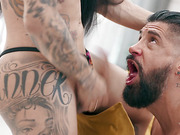 Heavily inked busty tranny Vanessa Jhons tops big hunk