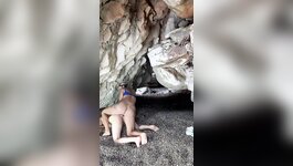 Busty shemale receives a blowjob and fucks guy outdoors