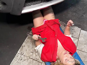 Five trannies give this thick girl a gangbang fucking in the garage