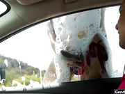 Carwash tgirl takes guy in to get fucked