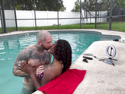 Hot black shemale fucked by the musclebound pool guy