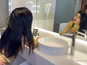 Chubby tranny fucks petite girl all over the place