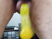 Without a penis and without testicles, rings and yellow clamps on the