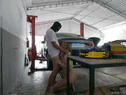 Leggy amazon shemale pays off her mechanic with anal sex