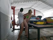 Leggy amazon shemale pays off her mechanic with anal sex