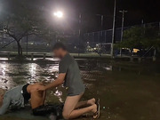 Blonde shemale beauty public sex in the rain