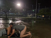 Blonde shemale beauty public sex in the rain