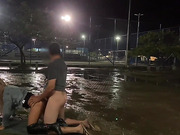 Blonde shemale beauty public sex in the rain